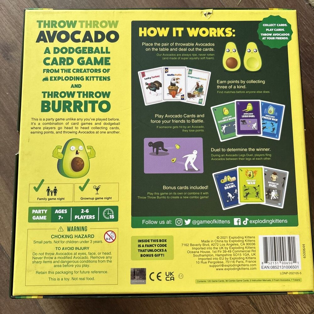 Exploding Kittens Throw Throw Avocado Card Game Family Night Ages 7 Retro